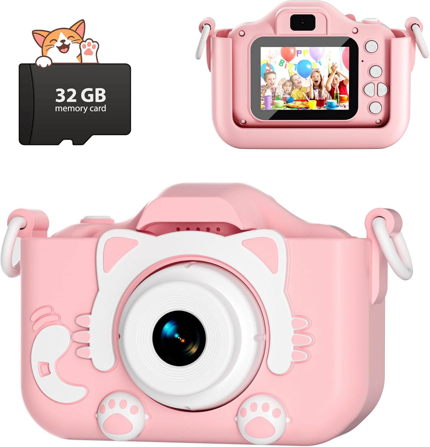 Kids digital camera toy with 1080P video and selfie camera in pink for boys and girls